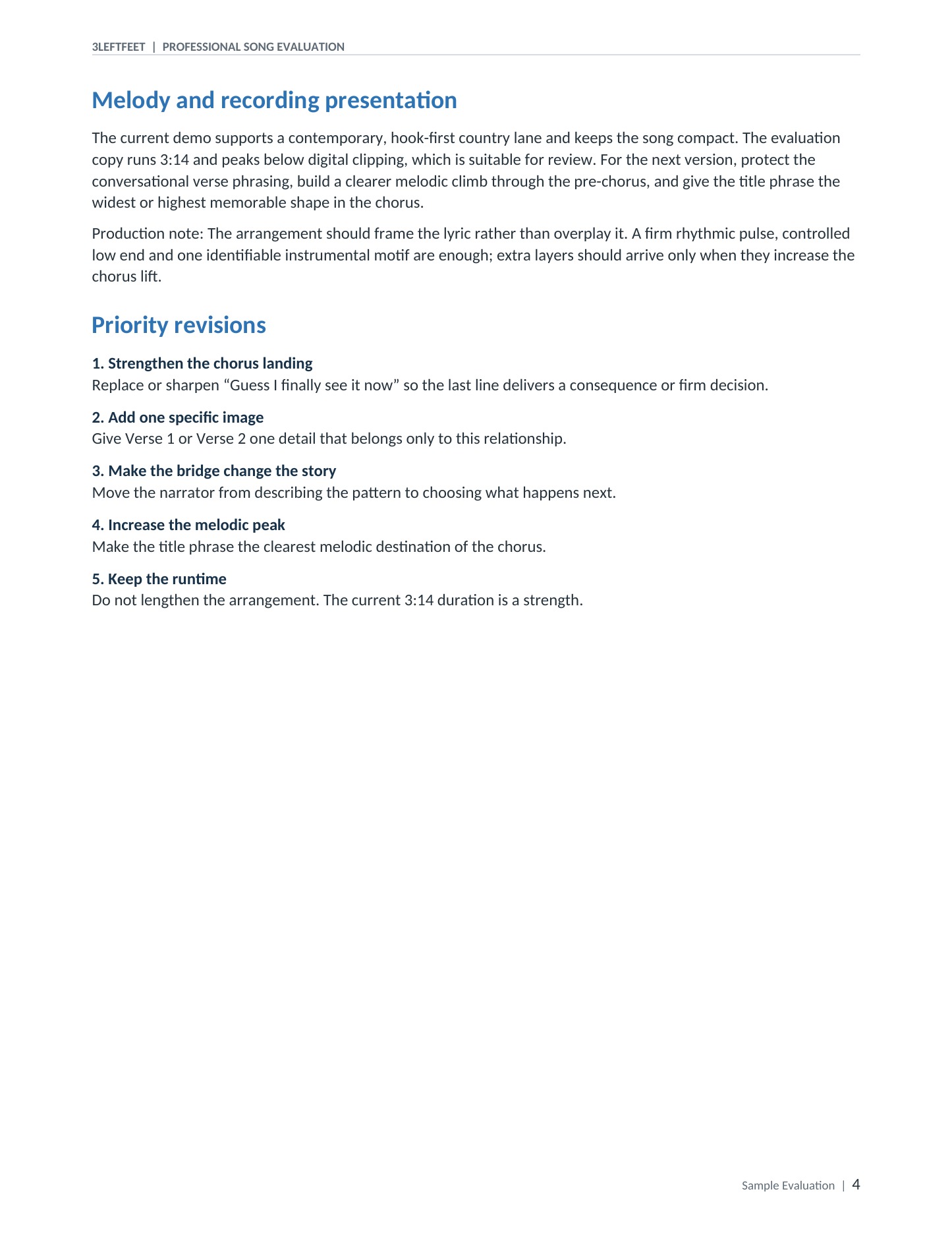 Sample melody notes, recording presentation feedback and priority revisions